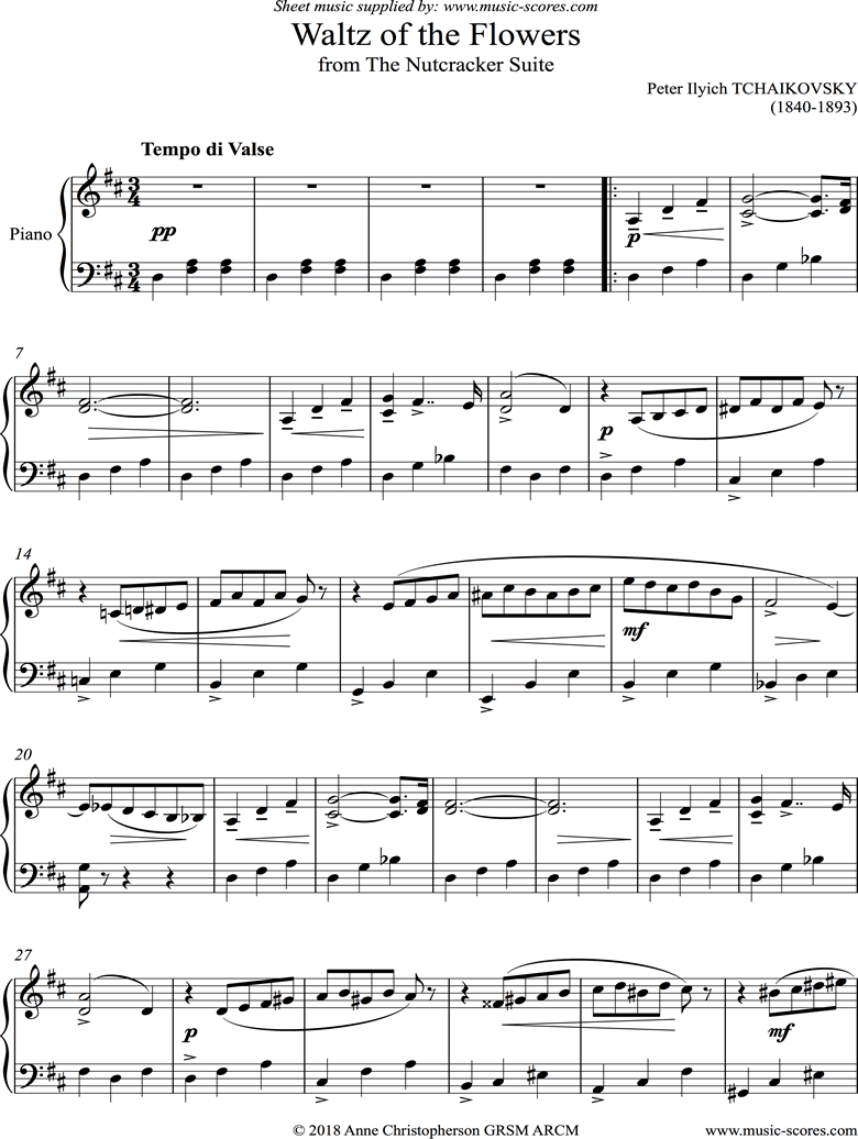 Tchaikovsky. Nutcracker Suite Waltz of The Flowers Long version Piano classical sheet music
