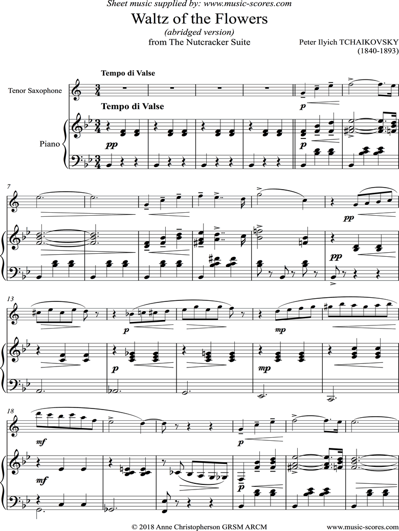 Front page of Nutcracker Suite: Waltz of The Flowers: Short: Tenor Sax sheet music