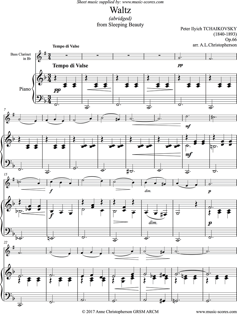 Front page of Sleeping Beauty: Waltz: Bass Clarinet sheet music