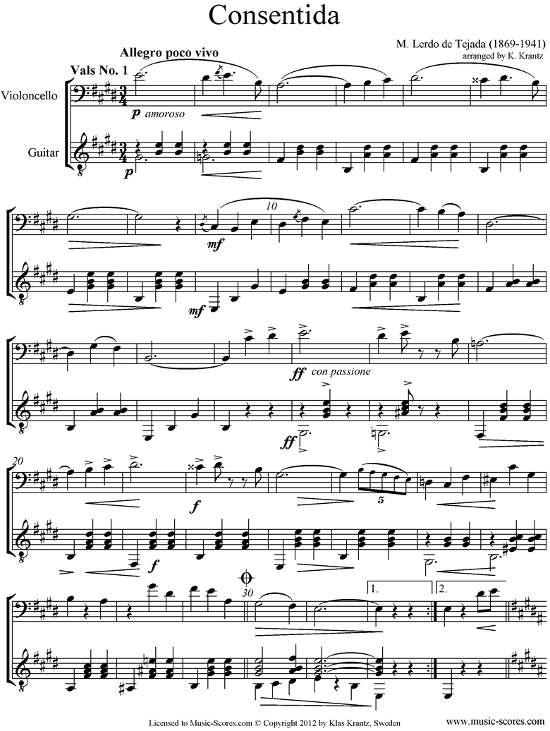 Front page of Consentida: Cello, Guitar sheet music