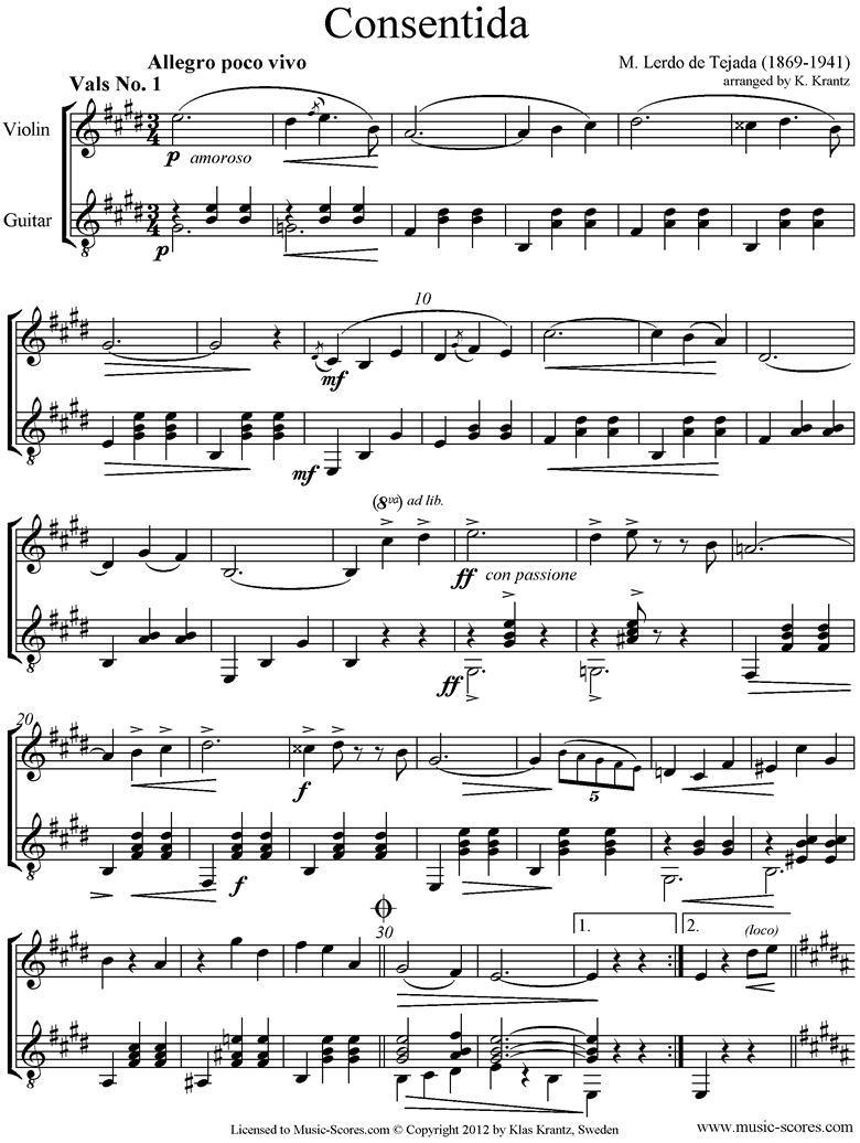 Front page of Consentida: Violin, Guitar sheet music