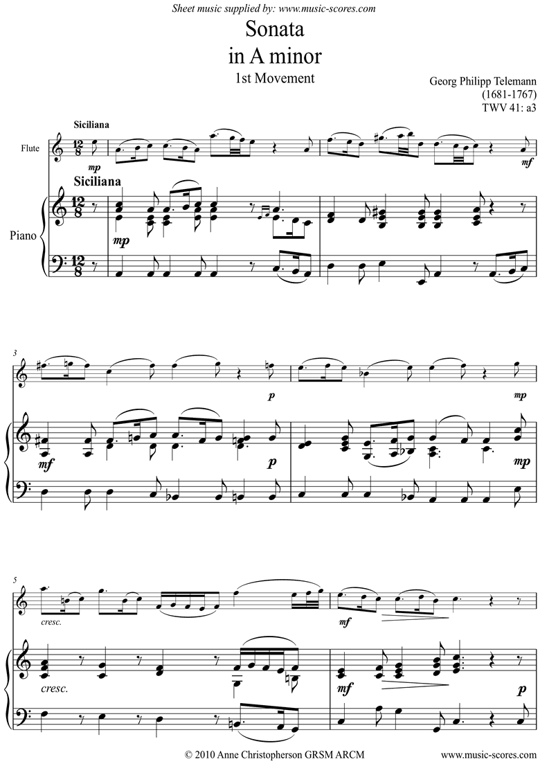 Front page of Sonata TWV41,a3 1st mvt Flute sheet music