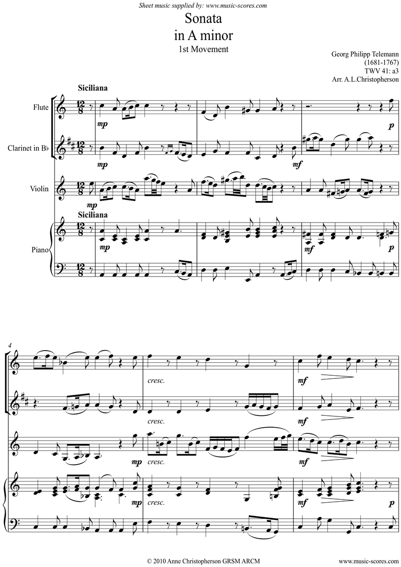 Sonata TWV41,a3 1st mvt Fl Cl Vn Pno by Telemann