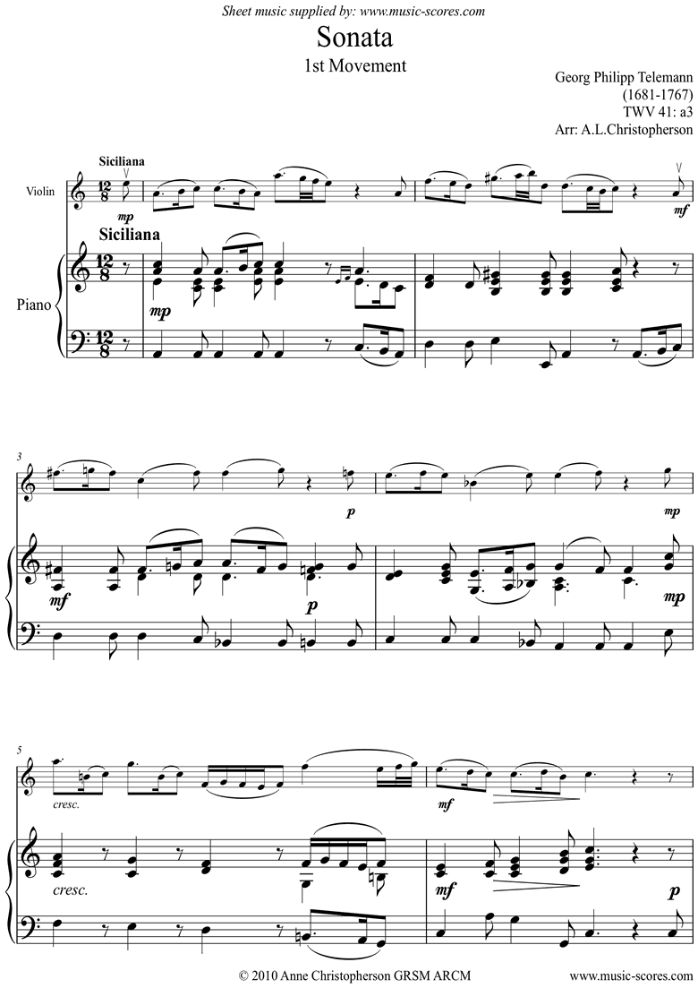 Front page of Sonata TWV41,a3 1st mvt Violin sheet music