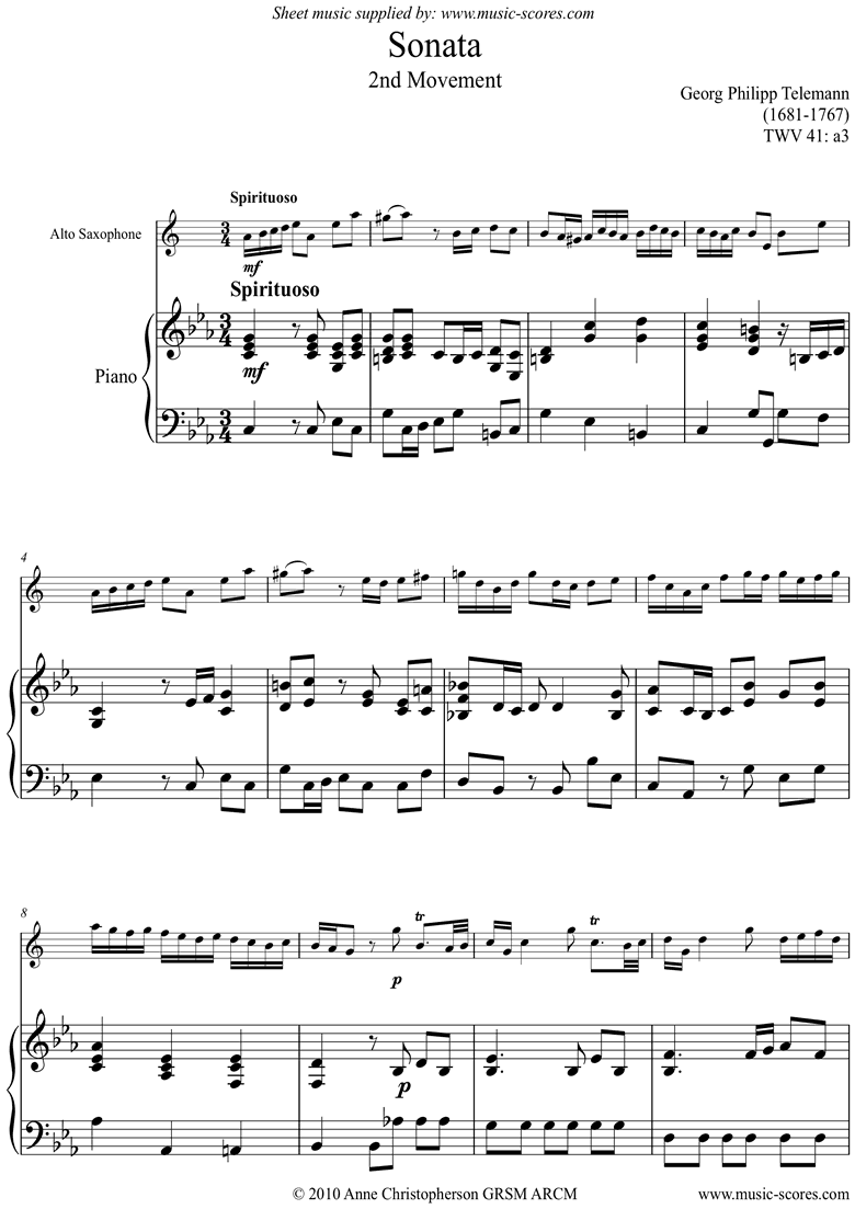 Front page of Sonata TWV41,a3 2nd mvt Alto Sax sheet music