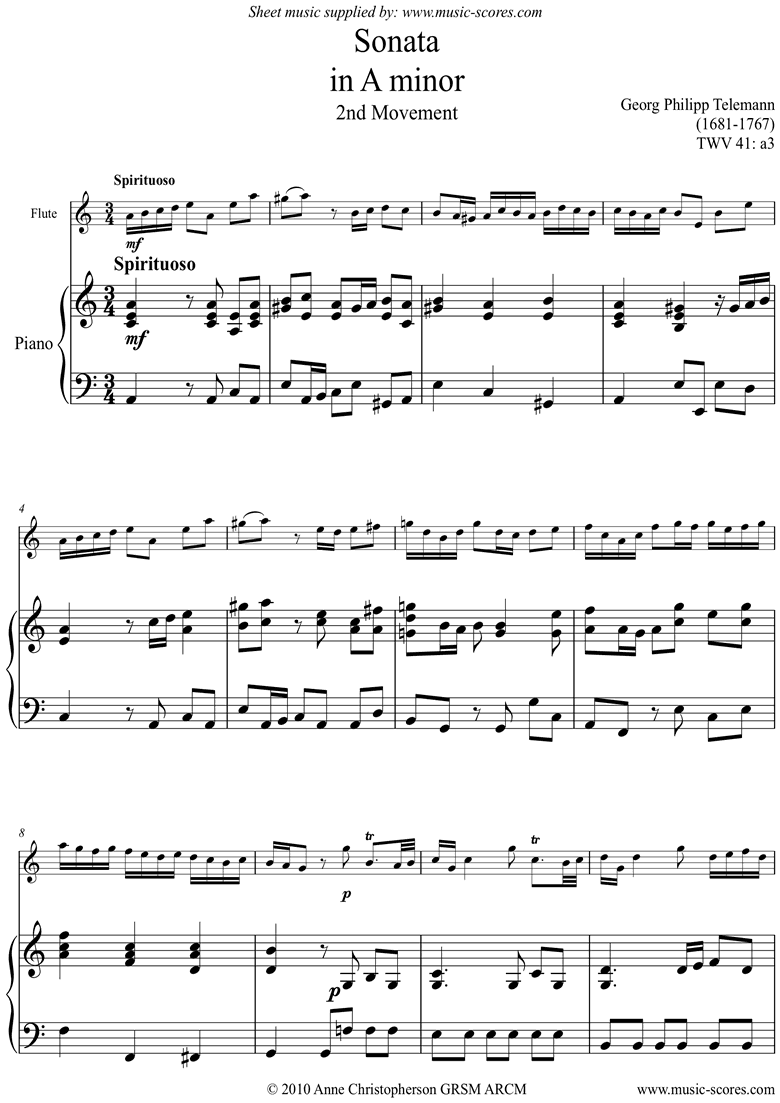 Front page of Sonata TWV41,a3 2nd mvt Flute sheet music