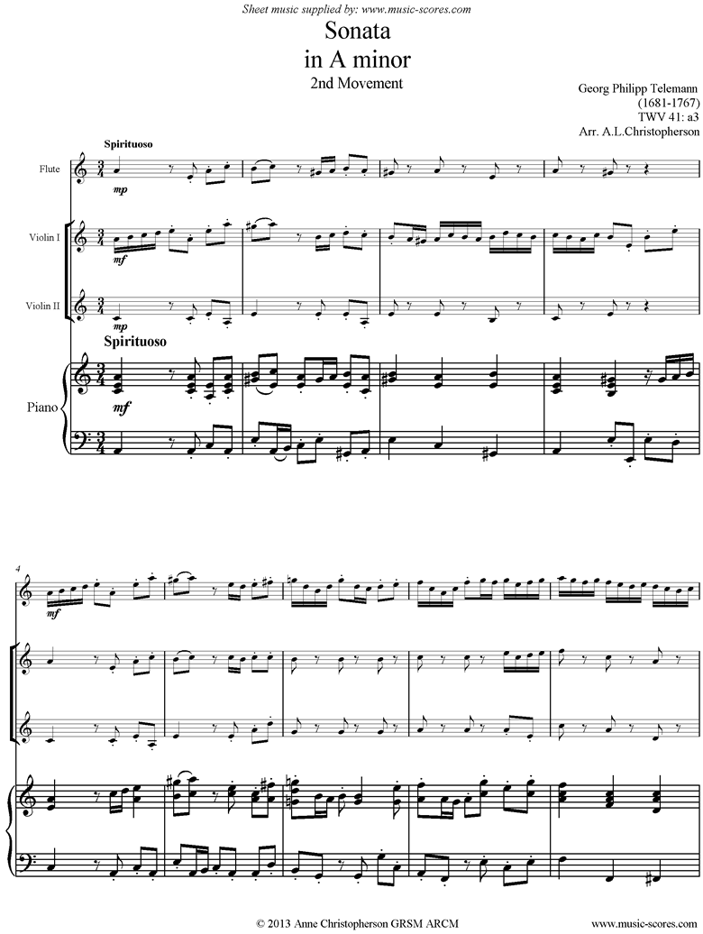 Sonata TWV41,a3 2nd mvt Fl 2Vns Pno by Telemann