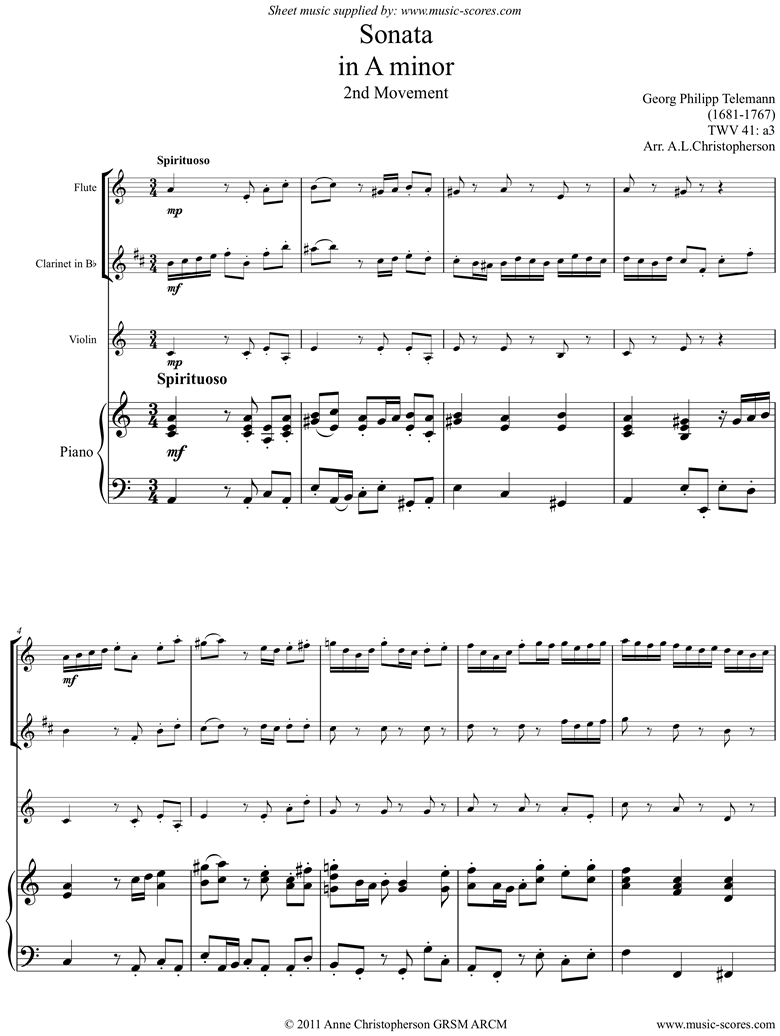 Front page of Sonata TWV41,a3 2nd mvt Fl Cl Vn Pno sheet music