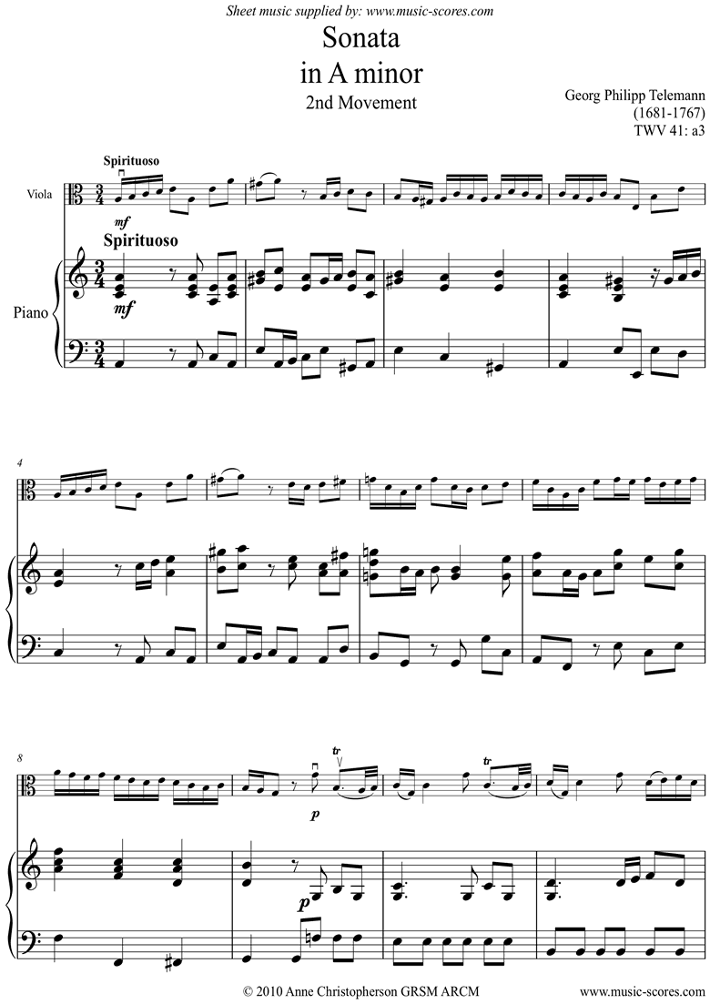 Front page of Sonata TWV41,a3 2nd mvt Viola sheet music