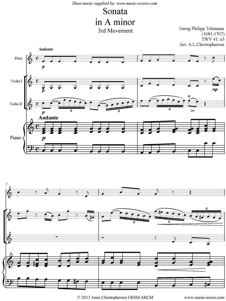 Sonata TWV41,a3 3rd mvt Fl 2Vns Pno by Telemann