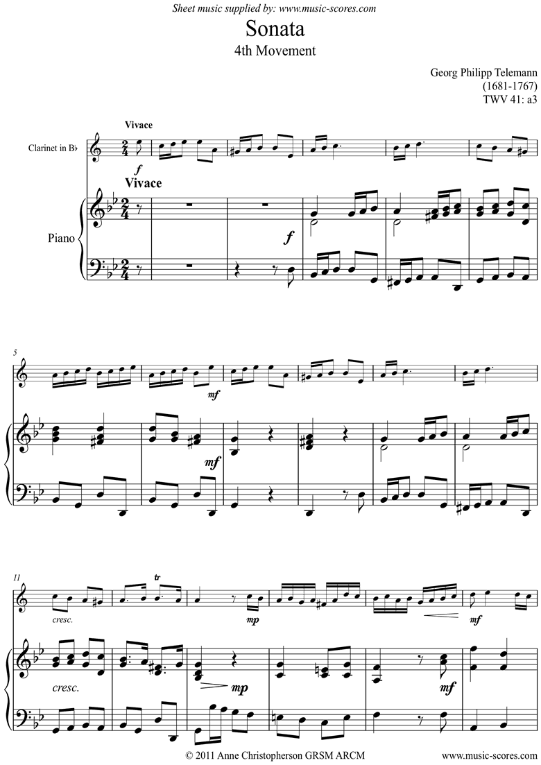 Front page of Sonata TWV41,a3 4th mvt Clarinet sheet music