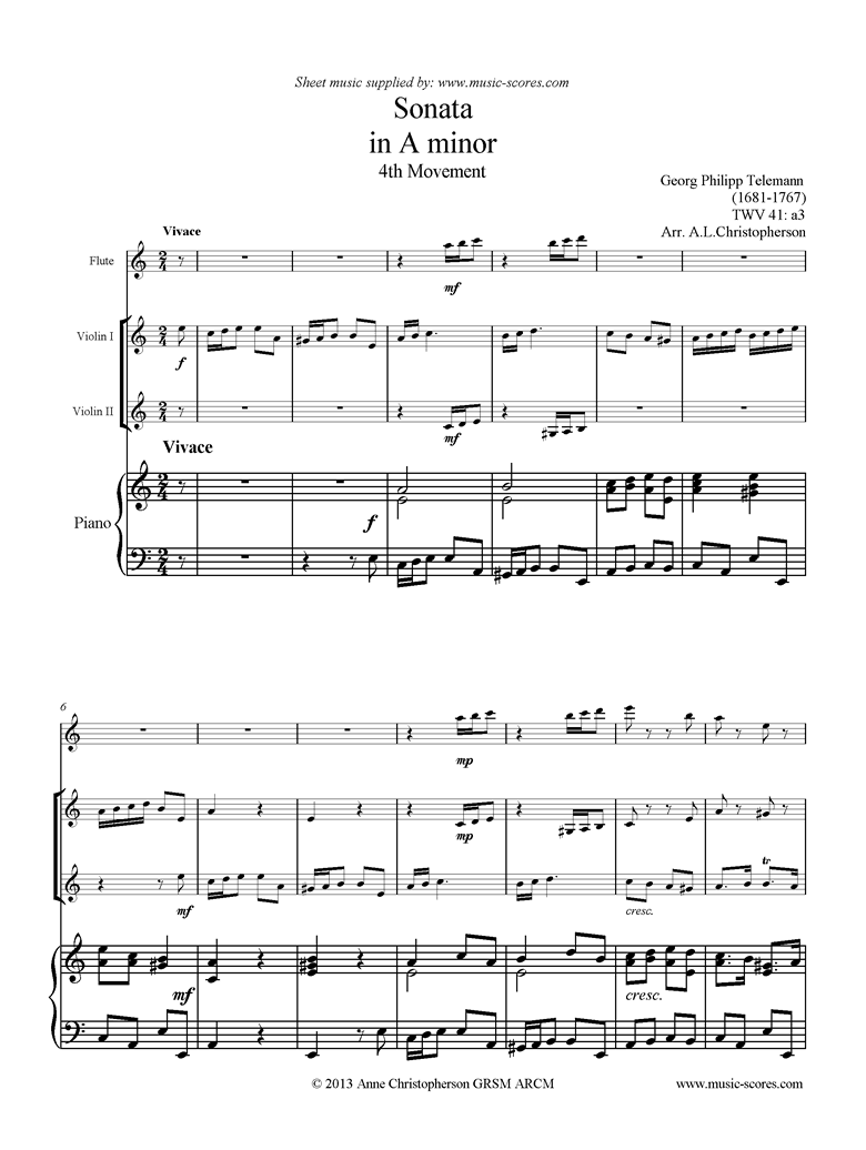 Front page of Sonata TWV41,a3 4th mvt Fl 2Vns Pno sheet music