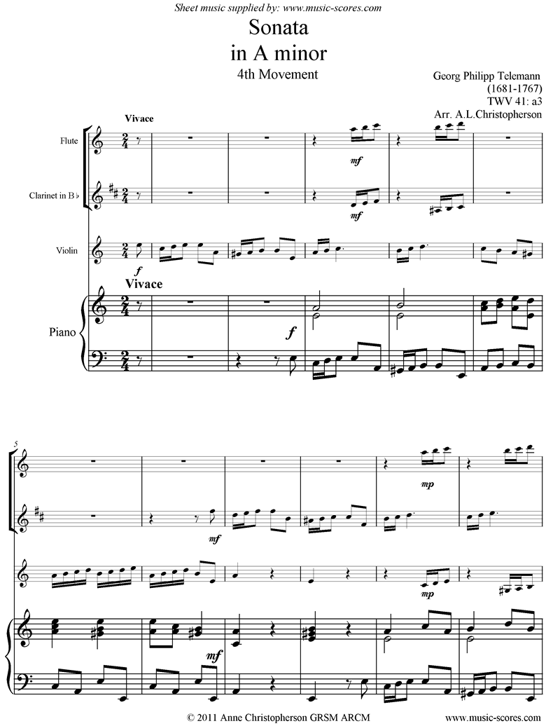 Sonata TWV41,a3 4th mvt Fl Cl Vn Pno by Telemann