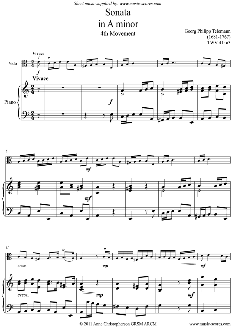 Front page of Sonata TWV41,a3 4th mvt Viola sheet music
