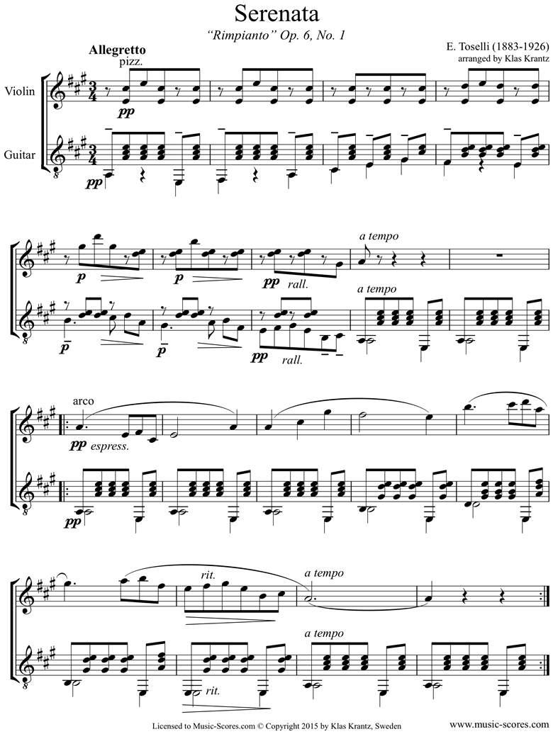 Front page of Op.6, No.1: Serenata Rimpianto: Violin, Guitar, A ma sheet music
