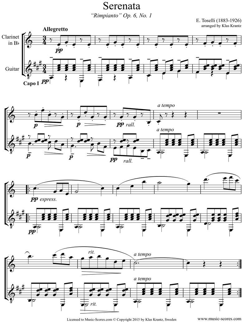 Front page of Op.6, No.1: Serenata Rimpianto: Clarinet, Guitar sheet music