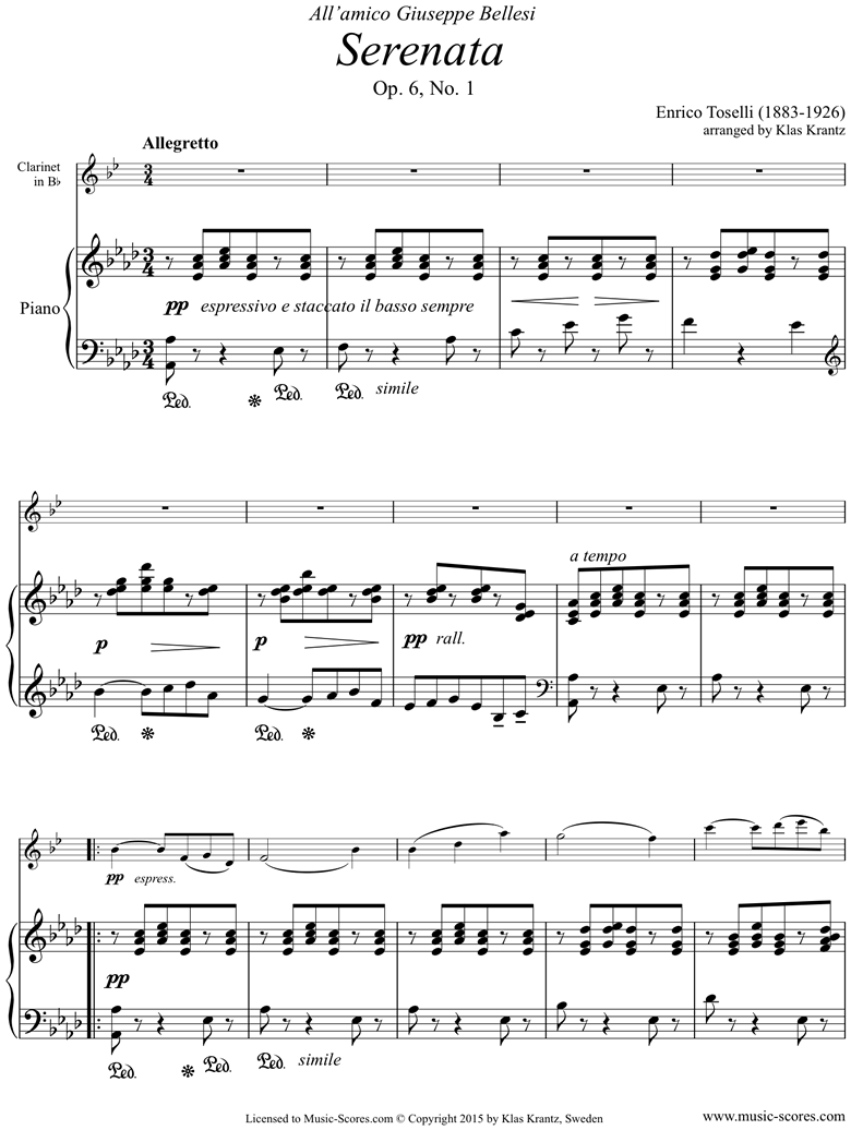 Front page of Op.6, No.1: Serenata Rimpianto: Clarinet, Piano sheet music