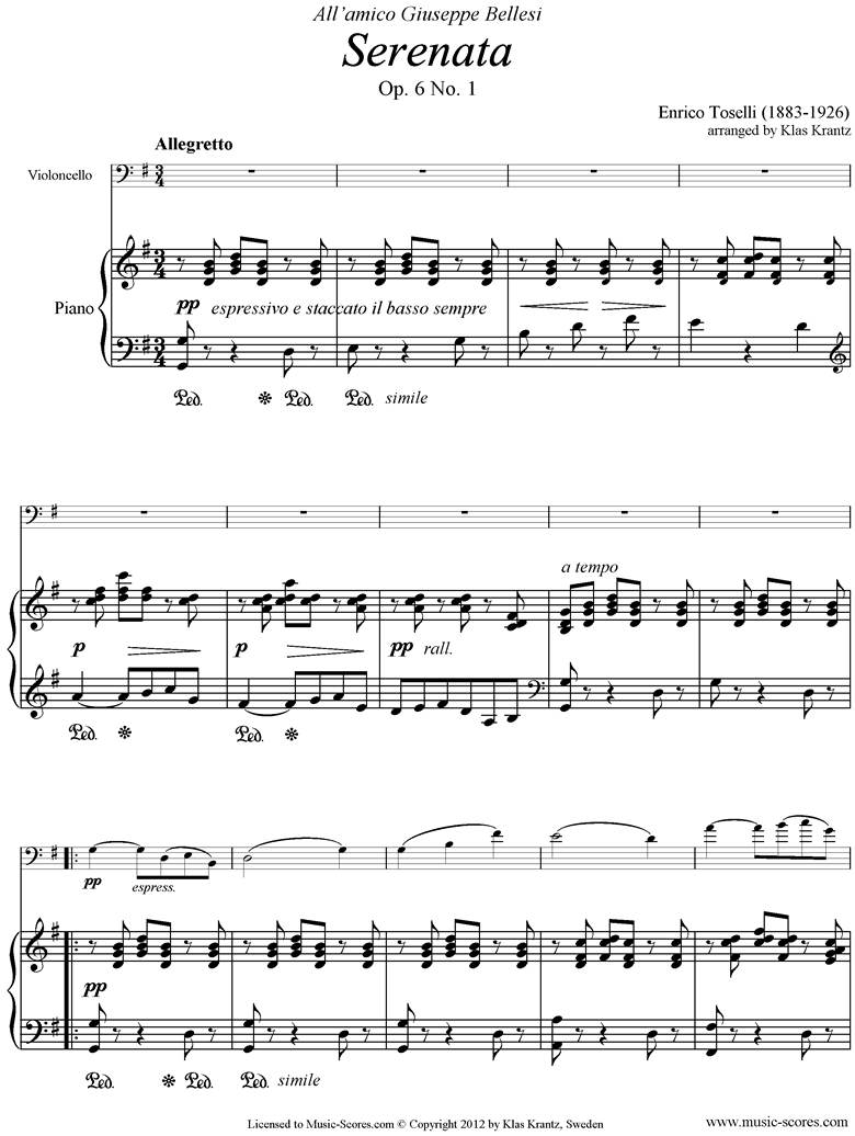 Front page of Op.6, No.1: Serenata Rimpianto: Cello, Piano, G ma sheet music