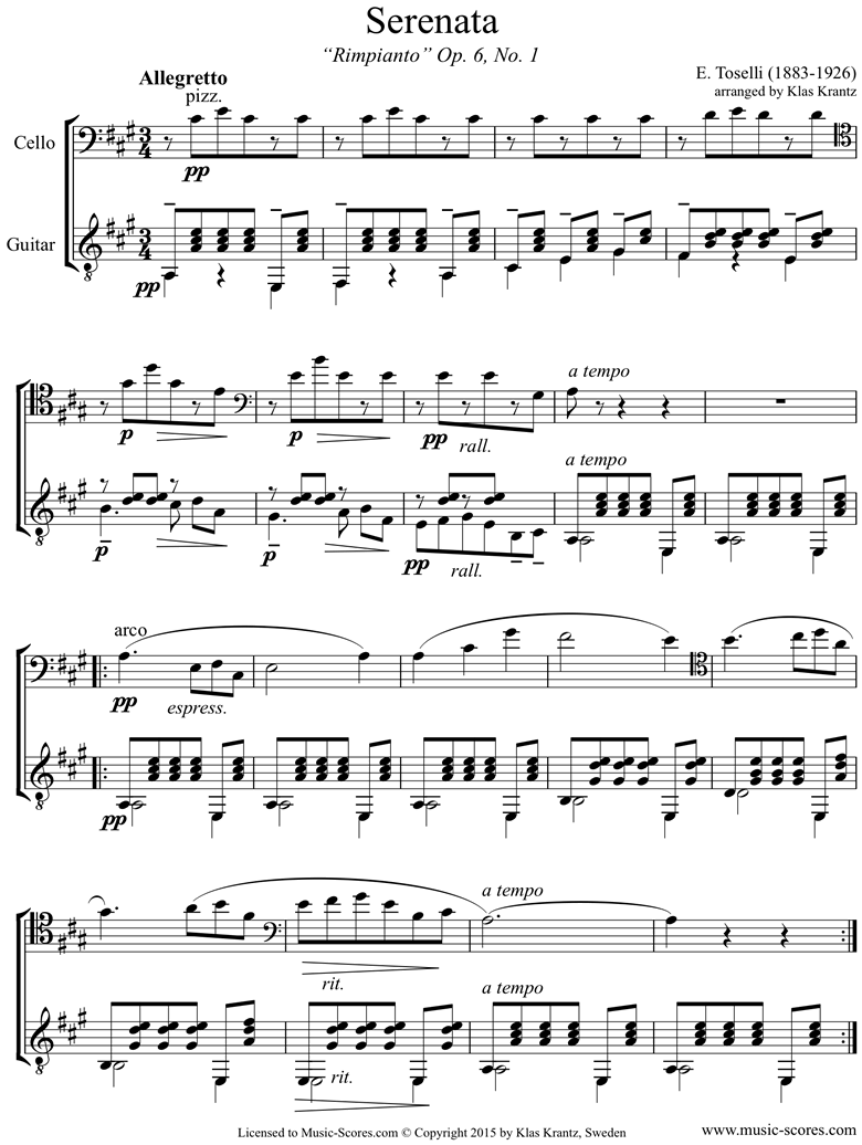 Front page of Op.6, No.1: Serenata Rimpianto: Cello, Guitar, A ma sheet music