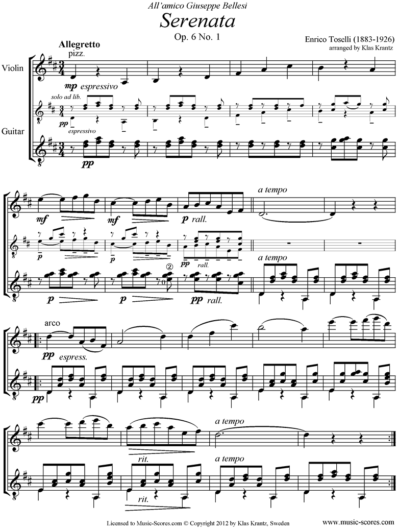Front page of Op.6, No.1: Serenata Rimpianto: Violin, Guitar sheet music