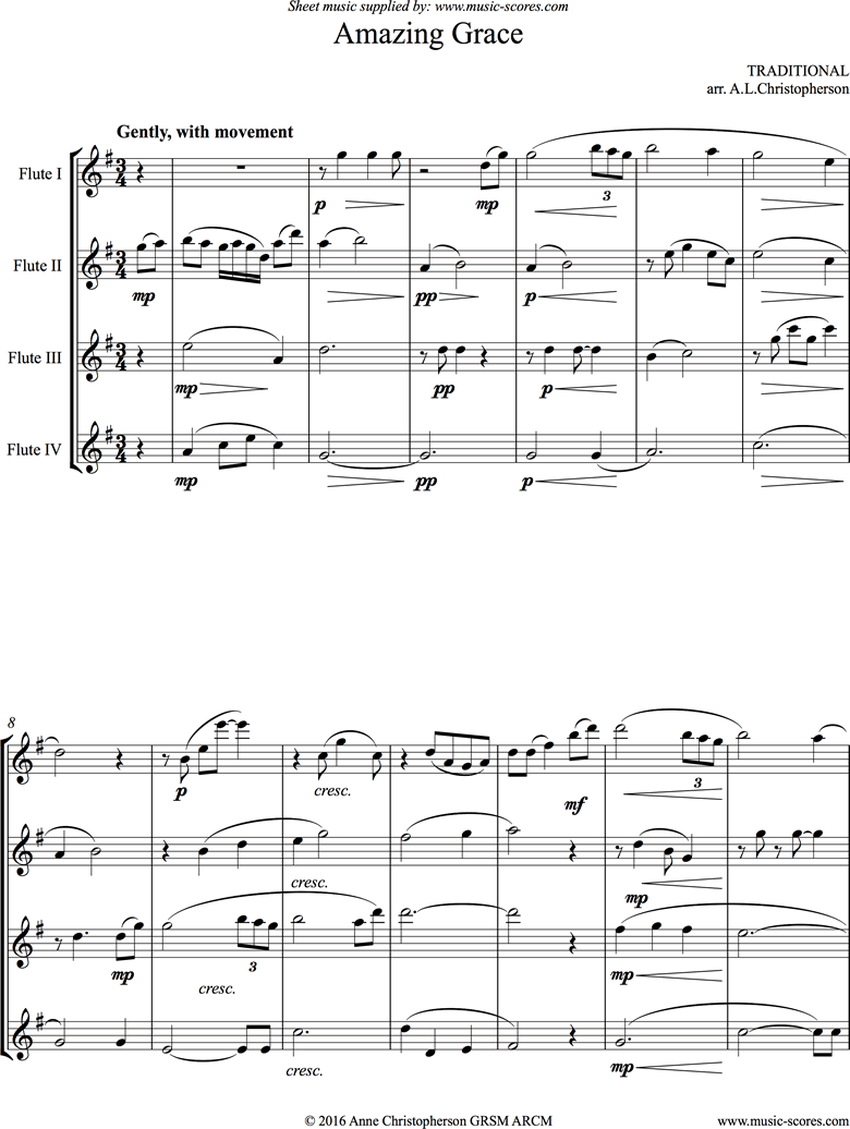 Amazing Grace: 4 Flutes by Traditional