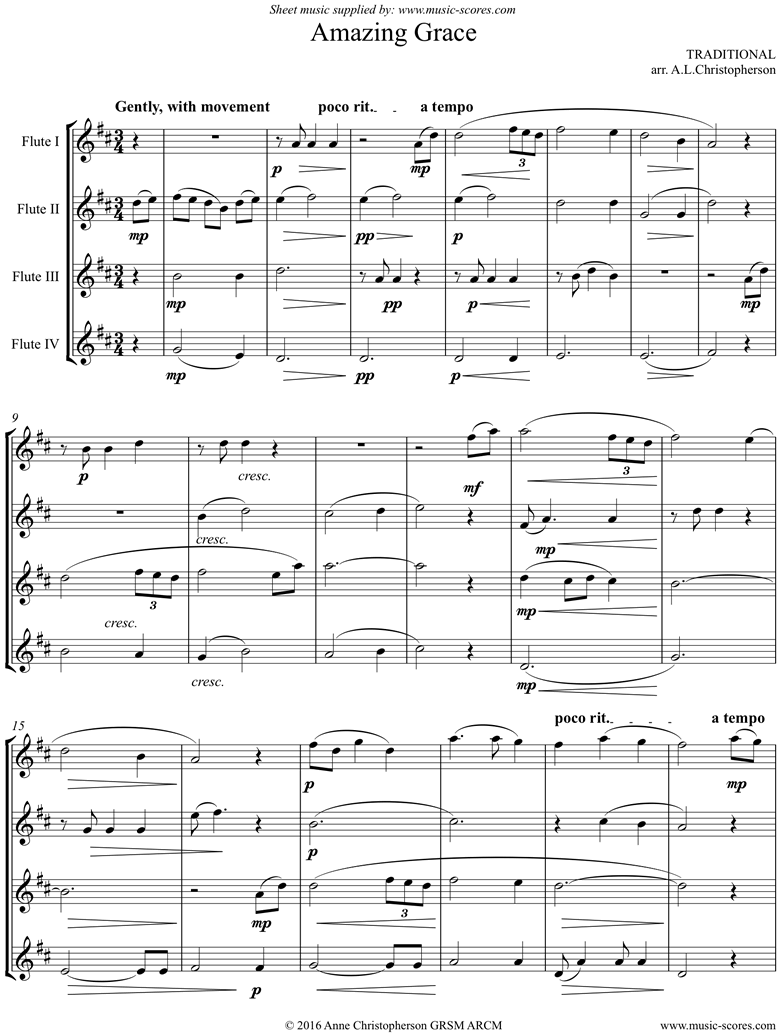 Front page of Amazing Grace: 4 Flutes sheet music