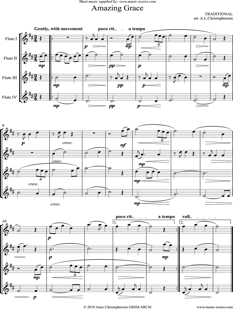 Front page of Amazing Grace: 4 Flutes sheet music