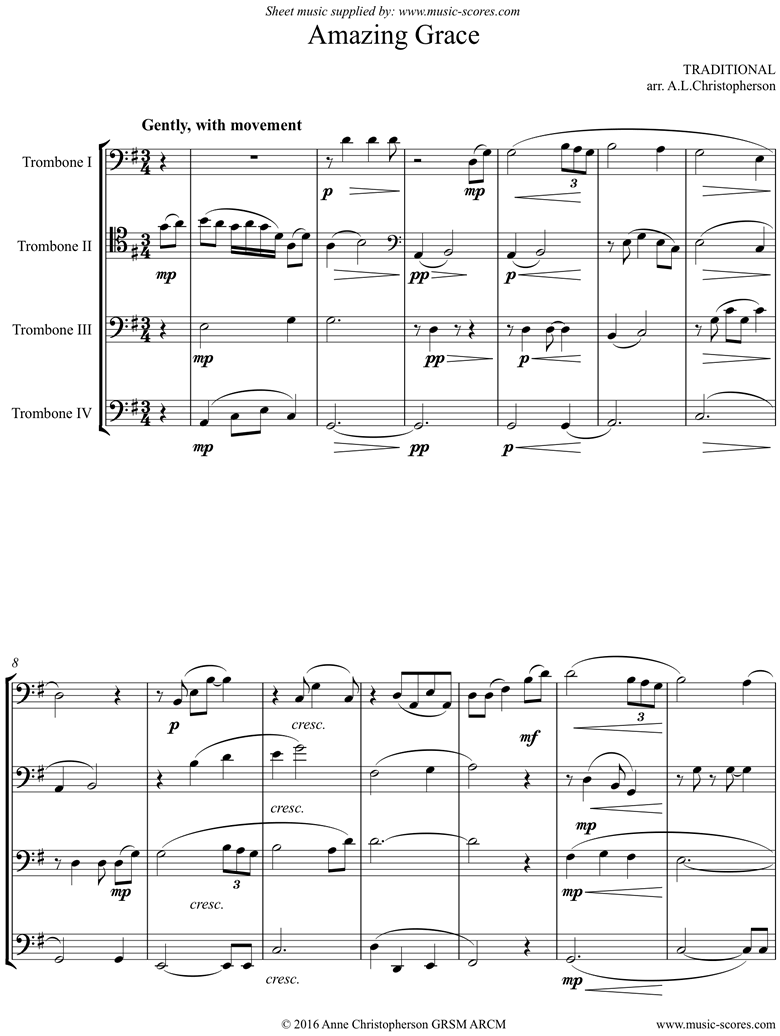 Front page of Amazing Grace: 4 Trombones sheet music