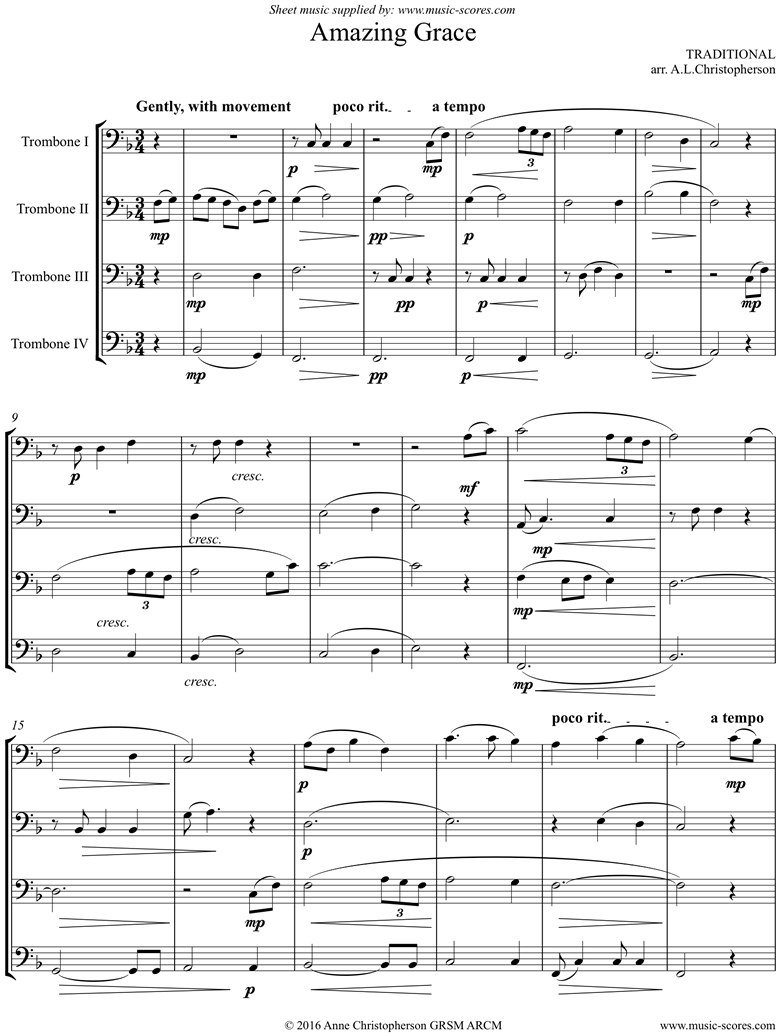 Front page of Amazing Grace: 4 Trombones sheet music