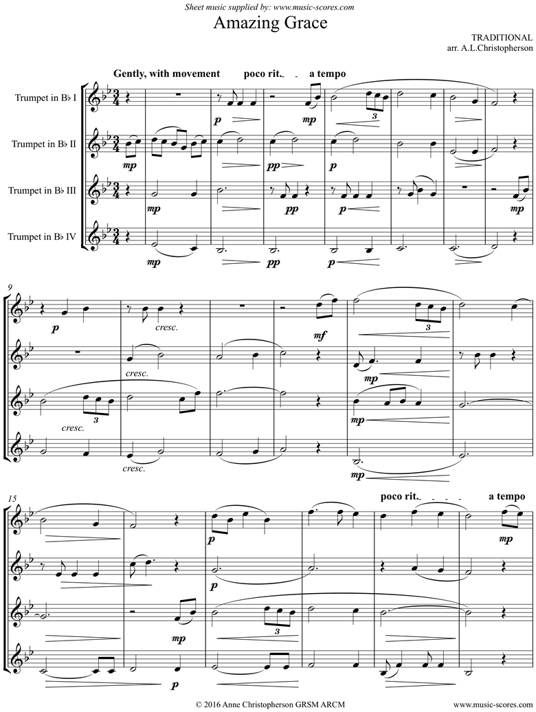 Front page of Amazing Grace: 4 Trumpets sheet music