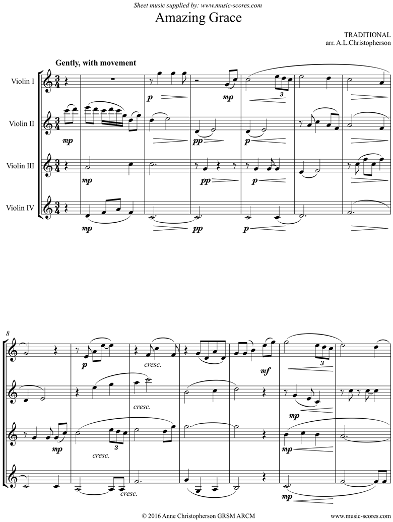 Front page of Amazing Grace: 4 Violins sheet music