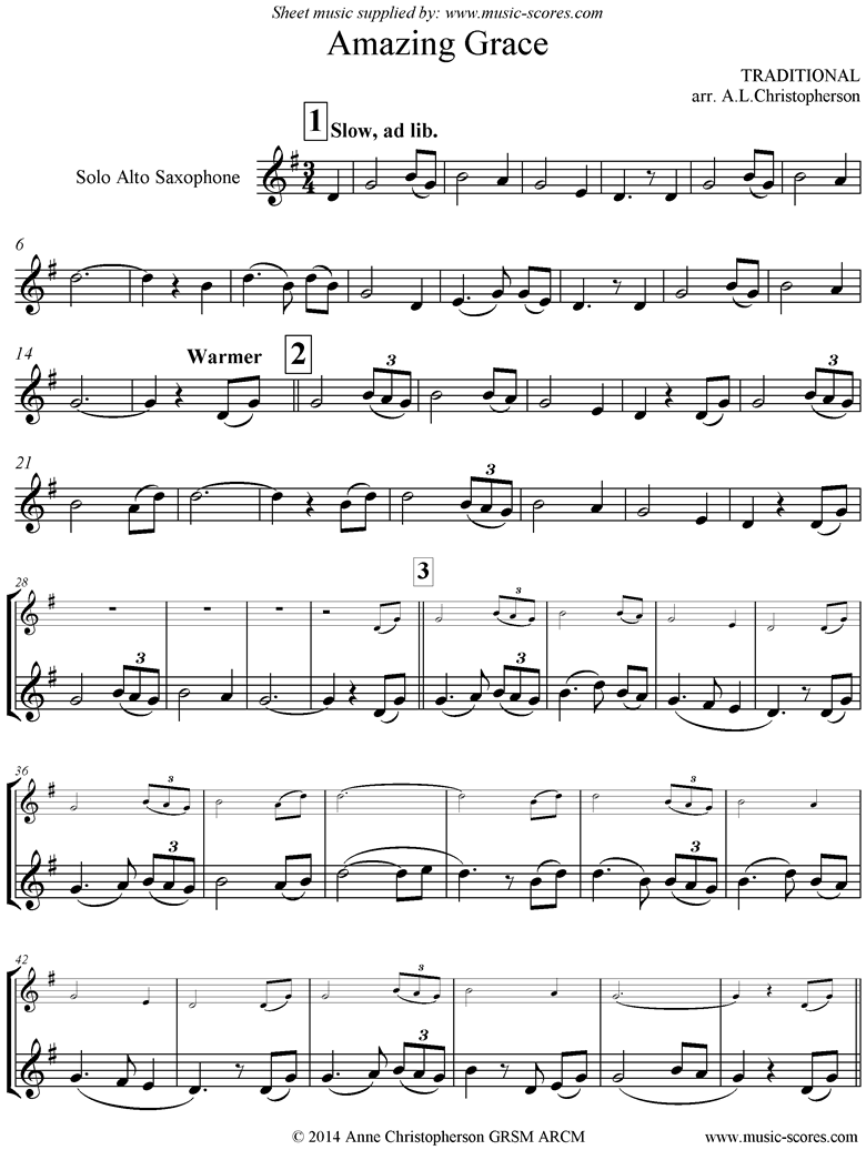 Front page of Amazing Grace: solo Alto Sax: 7 mins sheet music