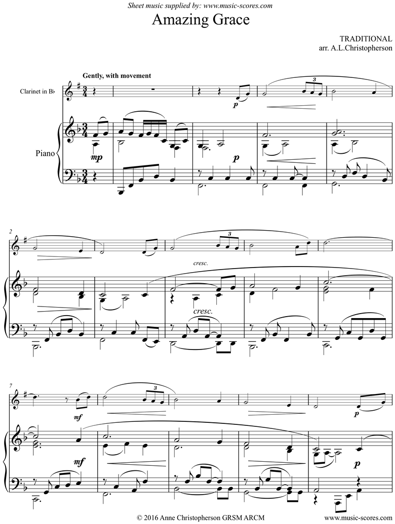 Front page of Amazing Grace: Clarinet: F major sheet music