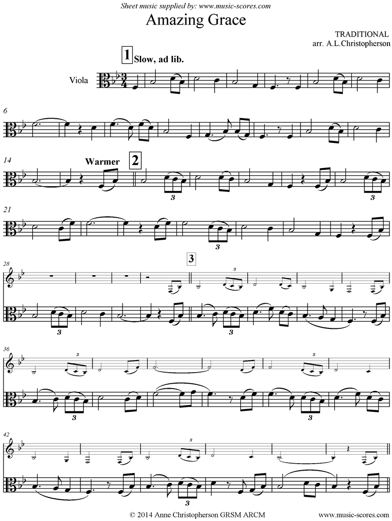 Front page of Amazing Grace: solo Viola: 7 mins sheet music