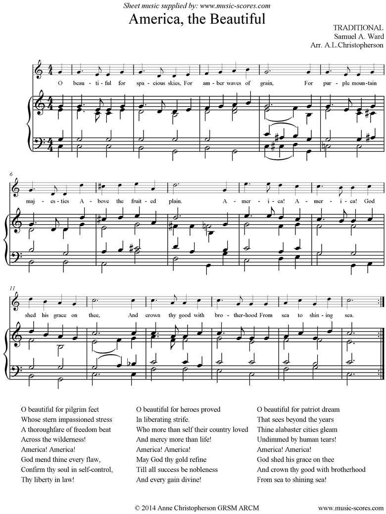 Front page of America, the Beautiful: Voice sheet music
