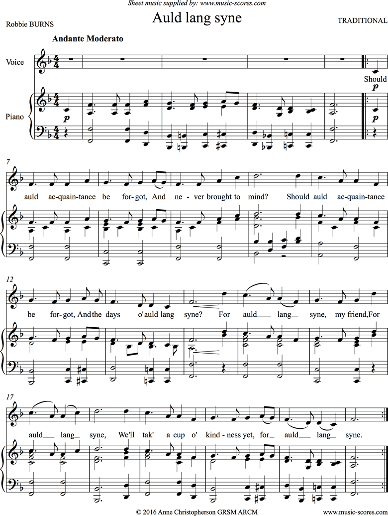 Front page of Auld Lang Syne sheet music