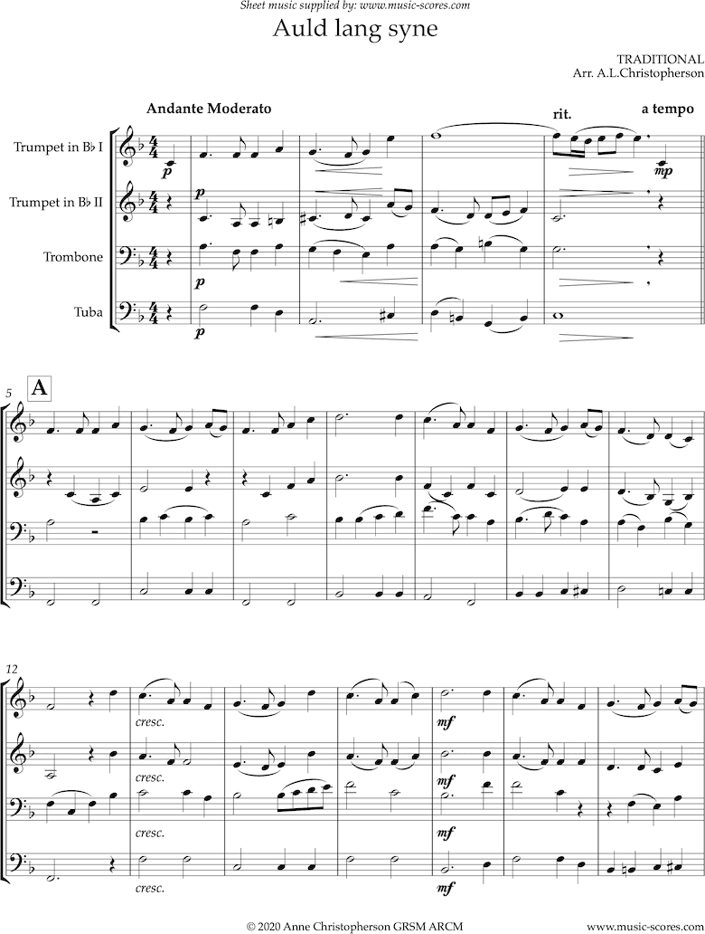 Front page of Auld Lang Syne: long: Brass Quartet sheet music