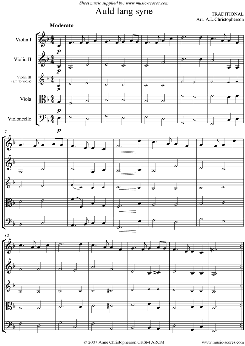 Front page of Auld Lang Syne: short: String Quartet sheet music