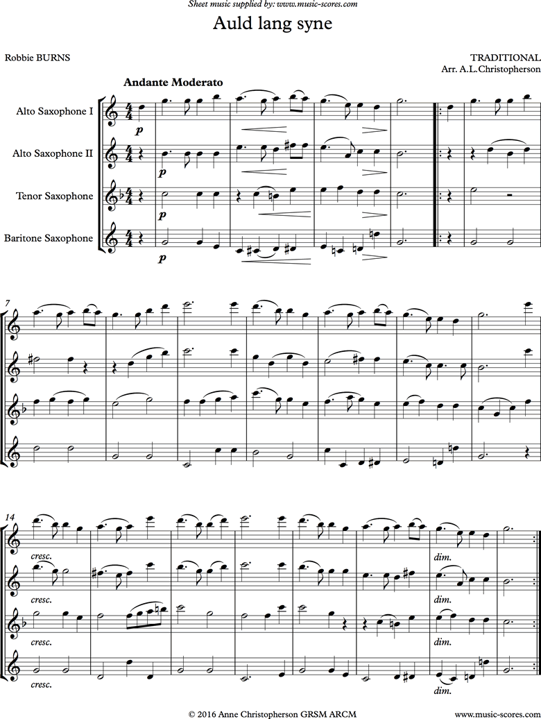 Front page of Auld Lang Syne: short: Sax Quartet sheet music