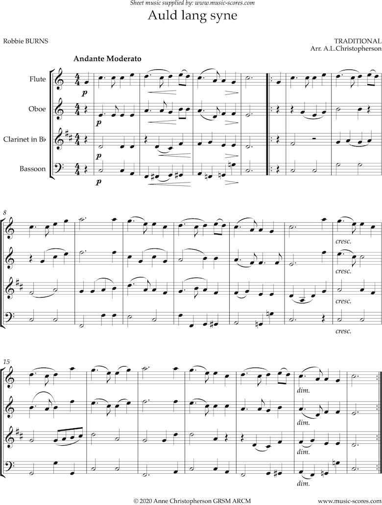 Front page of Auld Lang Syne: short: Wind Quartet sheet music