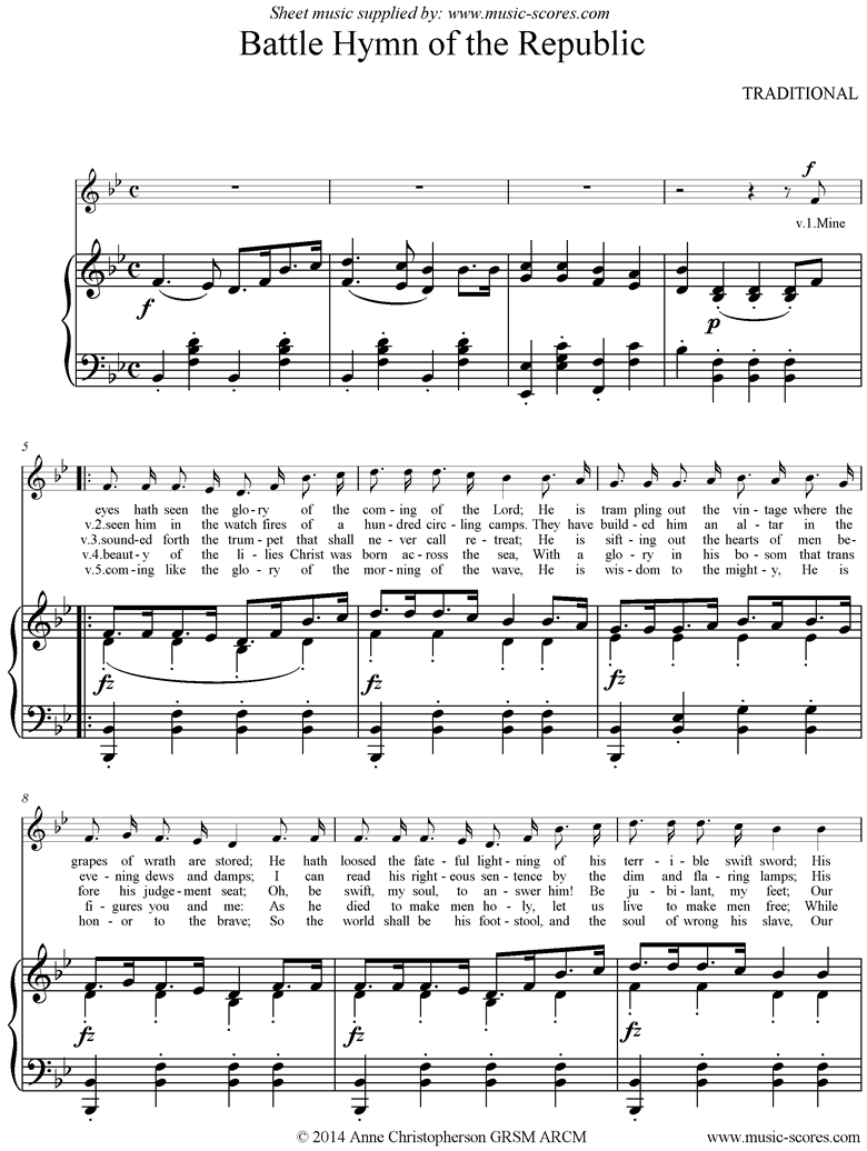 Front page of Battle Hymn of the Republic: Voice, Piano sheet music