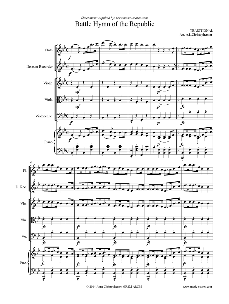 Front page of Battle Hymn of the Republic: Flute, Recorder, Strings, Piano. sheet music