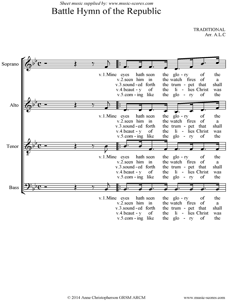 Front page of Battle Hymn of the Republic: Voice SATB unaccompanied sheet music