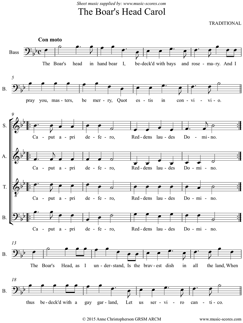Front page of Boars Head Carol: SATB sheet music
