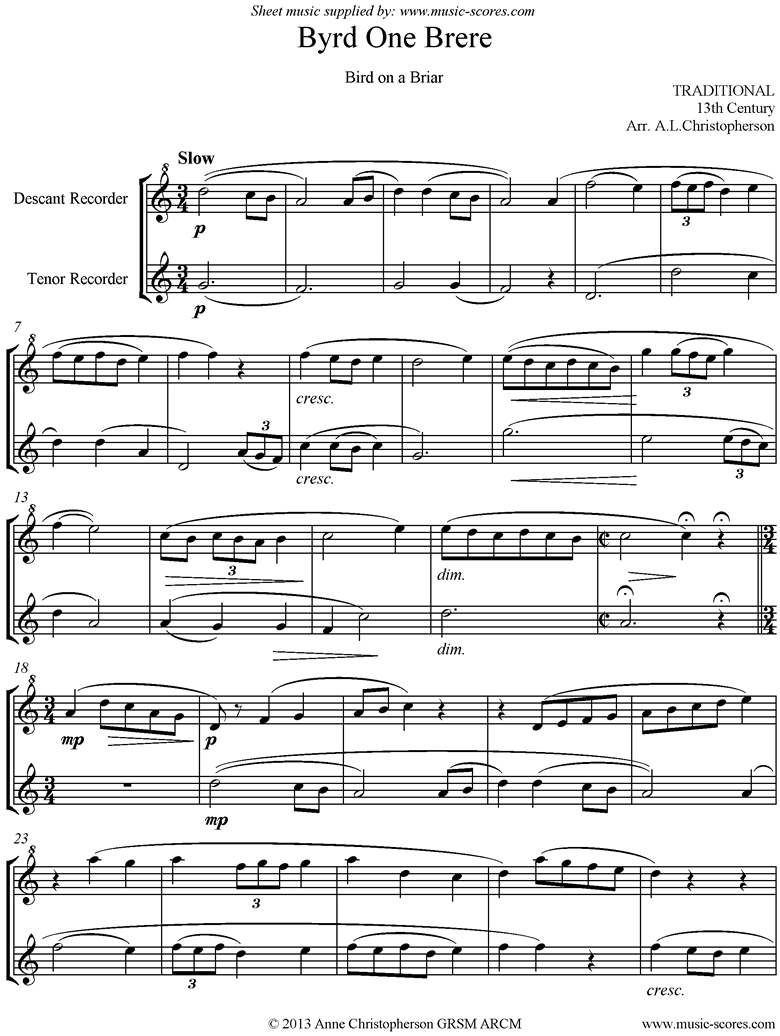 Front page of Byrd One Brere: Descant, Tenor Recorder sheet music