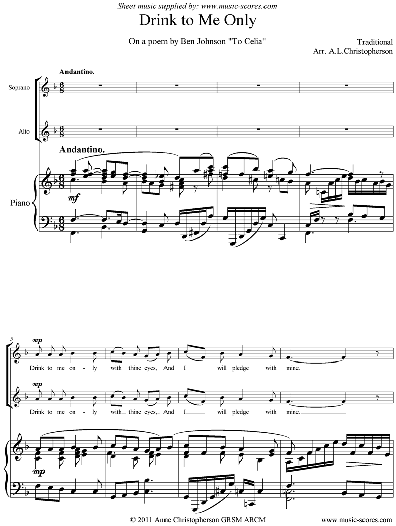 Front page of Drink to Me Only: Soprano, Alto, Piano sheet music