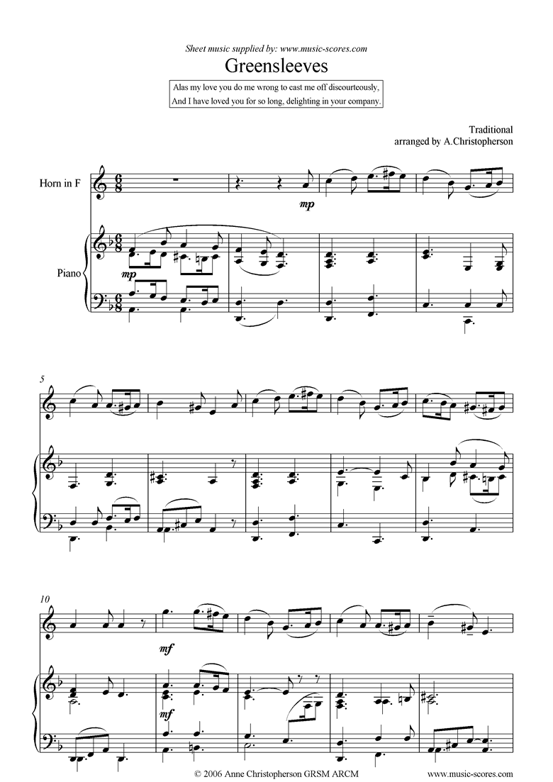 Front page of Greensleeves: French Horn sheet music