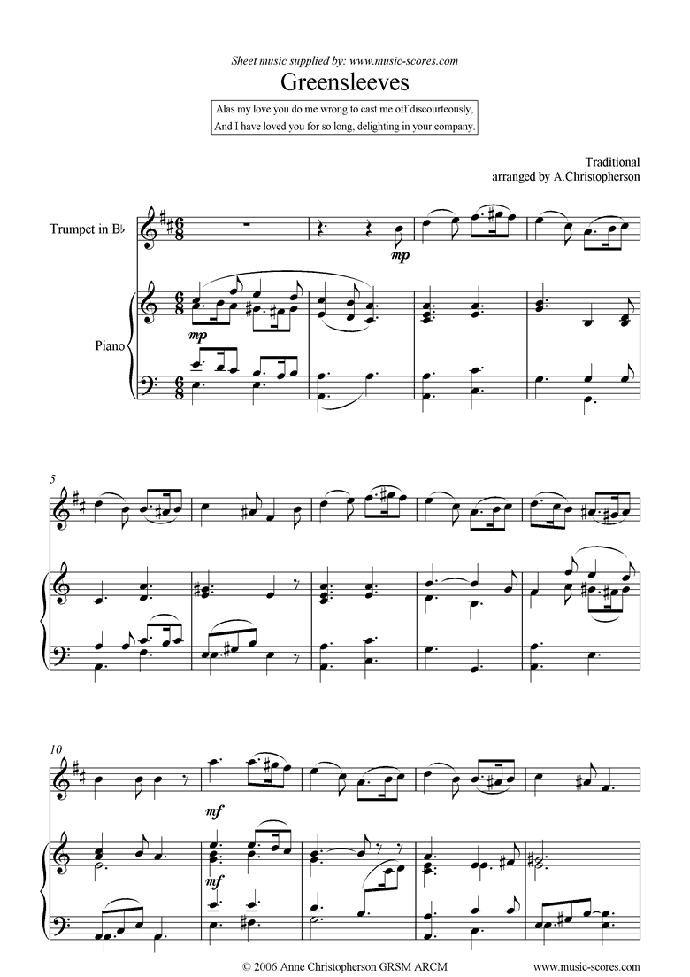 Front page of Greensleeves: Trumpet sheet music