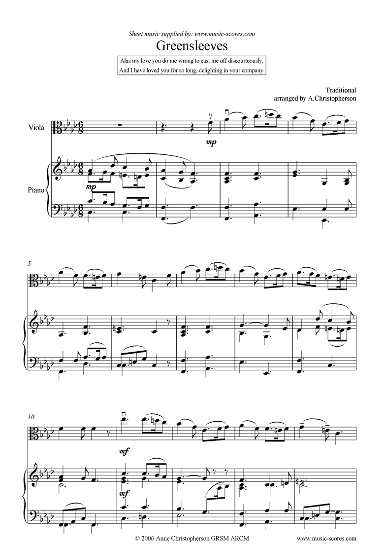 Front page of Greensleeves: Viola sheet music
