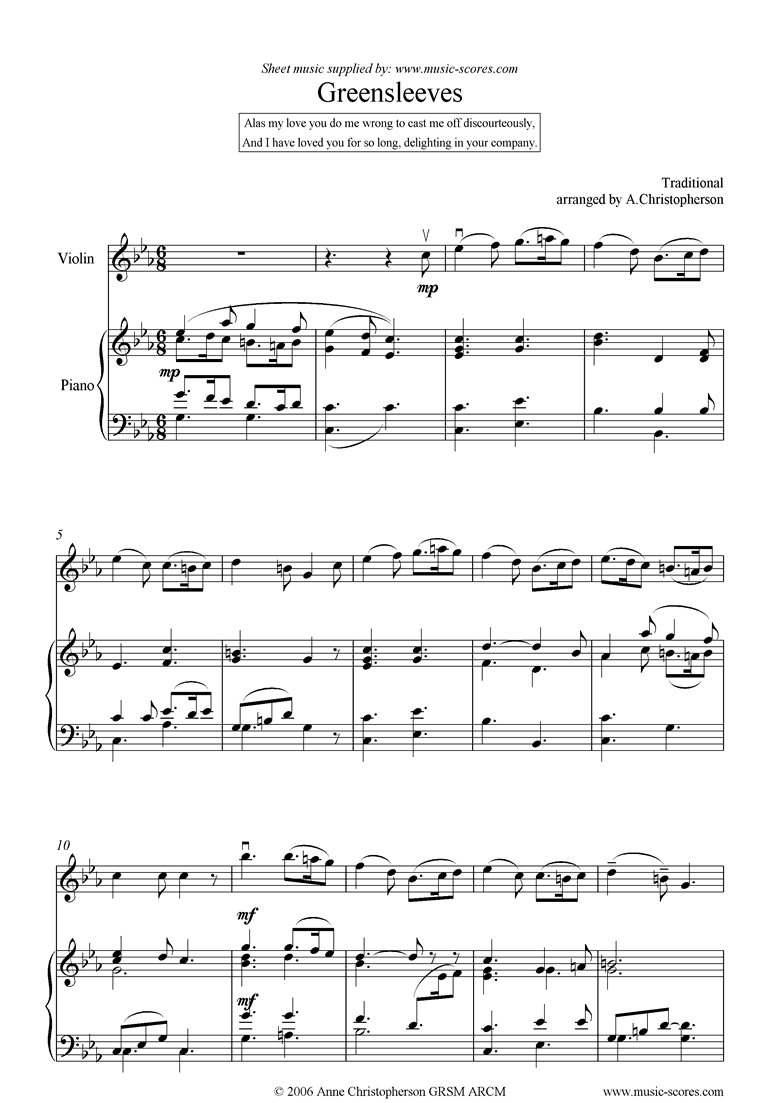 Front page of Greensleeves: Violin sheet music